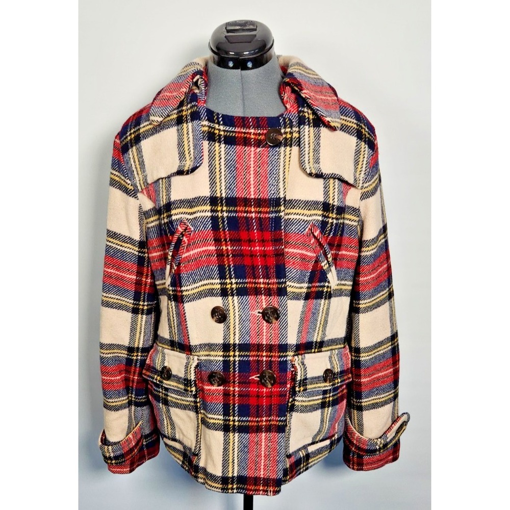 American Eagle Plaid Pea Coat Womens Large Red Blue Cream Quilted Lined Jacket